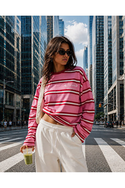 LOVES AGAZA Kadın Pembe Çizgili Oversize Tişört Uzun Kollu Bisiklet Yaka Basic %100 Pamuk