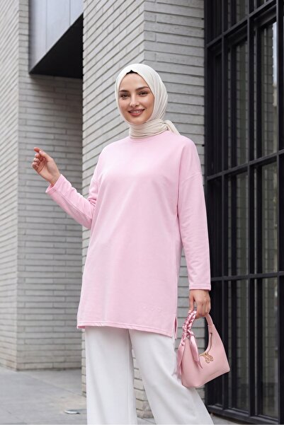 Modamorfo Loose Combed Cotton Tunic with Heart Detail on the Skirt and Slits ...
