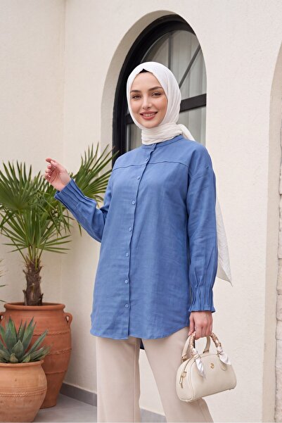 Modamorfo Draped Cuff Oval Cut Shirt -Indigo