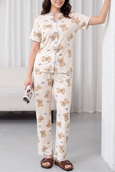Modamorfo Mixed Figure Patterned V-Neck Short Sleeve Combed Cotton Pajama Set...