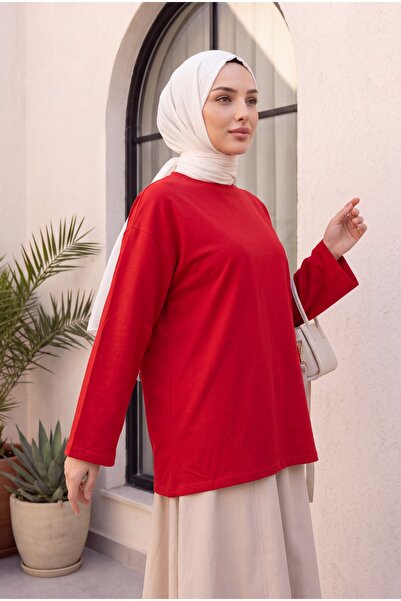 Modamorfo Round Neck Casual Combed Cotton Tunic -Red
