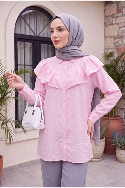 Modamorfo Robadan Ruffled Buttoned Rayon Tunic - Pink