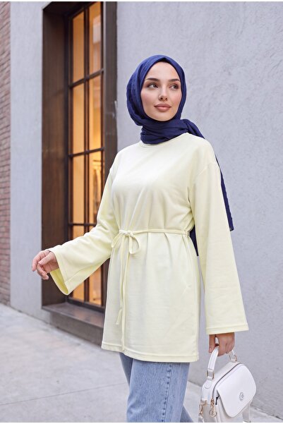 Modamorfo Round Neck Tie-Waist Combed Cotton Tunic - Light Yellow