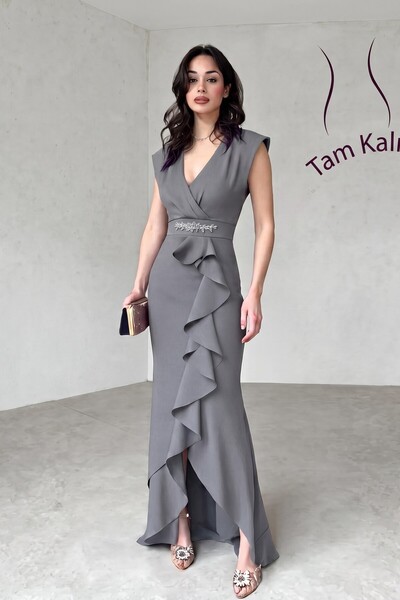 ALFUDO Moda Collection Kadın Scuba Krep Kumaş Kruvaze Yaka Eteği Volanlı Keme...