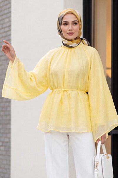 Modamorfo Hakim Collar Belted Lined Spanish Sleeve Oversize Lyocell Tunic - Y...