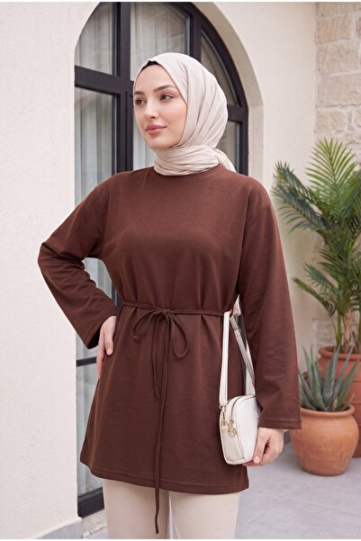 Modamorfo Round Neck Tie-Waist Combed Cotton Tunic - Brown