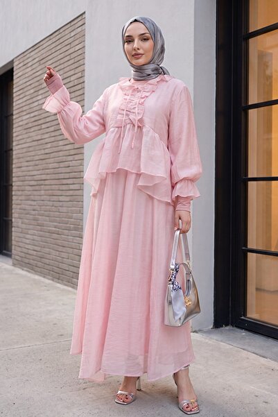 Modamorfo Asymmetrical Tulle Voile Set with Tie-Neck, Elastic Sleeves, Ruffle...
