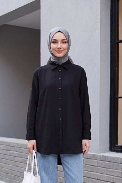 Modamorfo Long Buttoned Back Poplin Shirt - Black