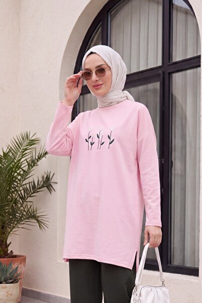 Modamorfo Daisy Embroidered Round Neck Combed Cotton Tunic - Pink