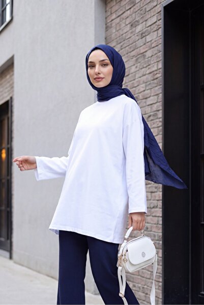 Modamorfo Round Neck Casual Combed Cotton Tunic -White