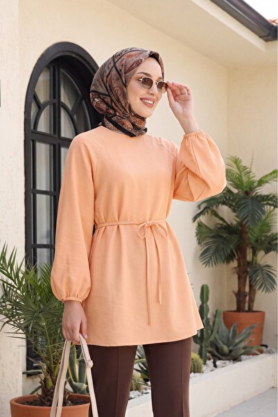 Modamorfo Round Neck Tie-Waist Balloon Sleeve Tunic -Orange