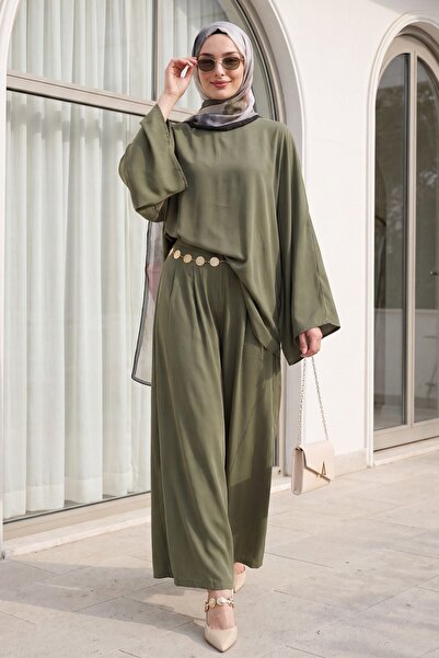 Modamorfo Asymmetrical Cut Wide Sleeve Belted Modal Suit with Wide Leg Pants ...
