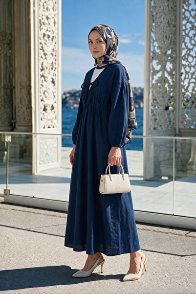 Modamorfo Muslin Dress with Tie Collar, Elastic Sleeves and Waist -Laci