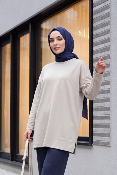 Modamorfo Loose Combed Cotton Tunic with Heart Detail on the Skirt and Slits ...