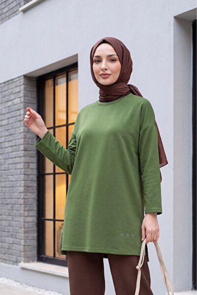 Modamorfo Loose Combed Cotton Tunic with Heart Detail on the Skirt and Slits ...