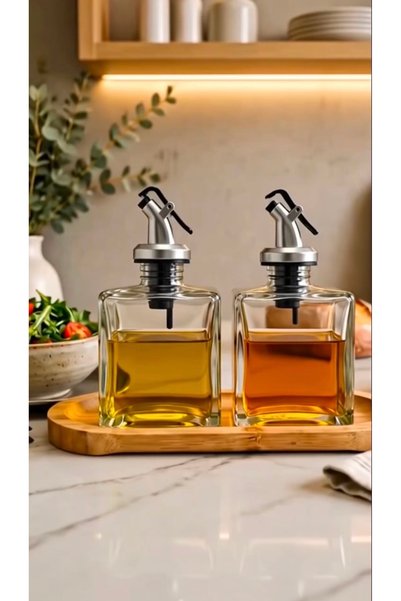 Trend Home Life Sofranız için Ahşap Stantlı 2 li 200 ml Cam Yağdanlık Sirkelik Zeytinyağı, Sıvı Yağlık, Sosluk Şişe