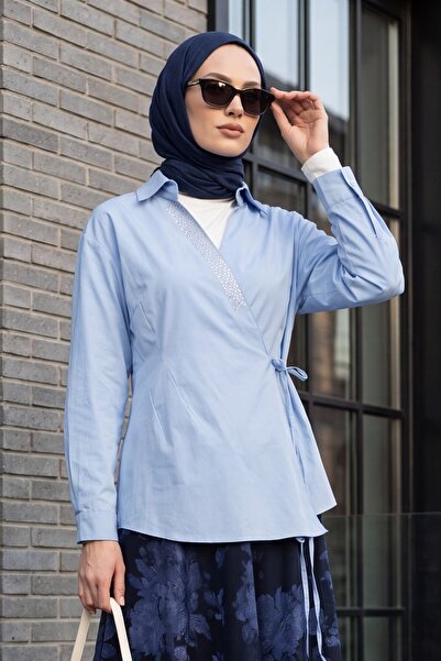 Modamorfo Side Tie Stone Detailed Double Breasted Collar Poplin Shirt - Blue