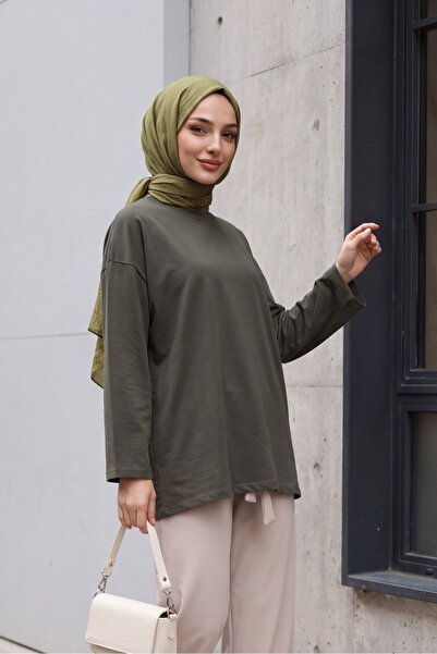 Modamorfo Round Neck Casual Combed Cotton Tunic -Khaki