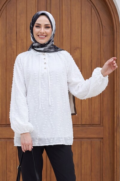 Modamorfo Lace-Up Collar, Buttoned, Lined, Embroidered Oversized Linen Tunic ...