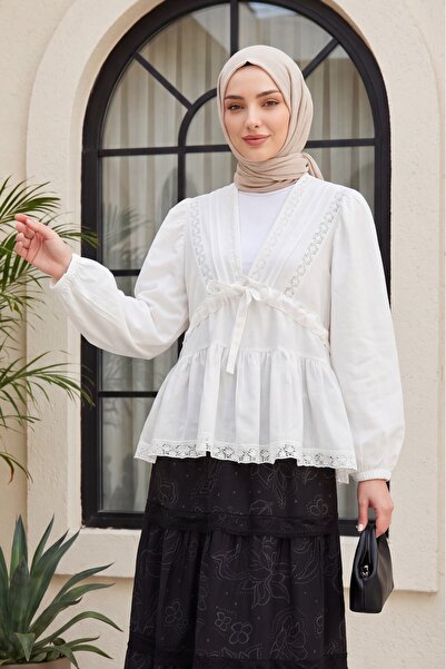 Modamorfo V-Neck Lace Detailed Balloon Sleeve Viscose Blouse -White