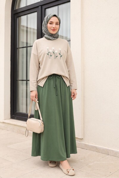 Modamorfo Beli Lace-Up Elastic Pocketed Combed Cotton Skirt -Khaki