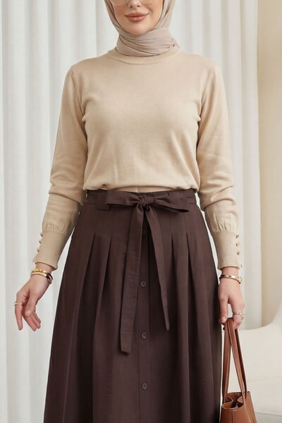 Modamorfo Round Neck Knitwear Tunic with Button Detail on the Sleeve - Light ...