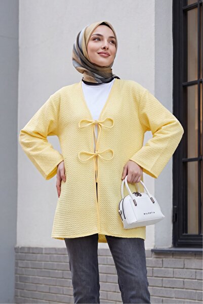 Modamorfo Double Lace Front Honeycomb Pattern Kimono - Light Yellow