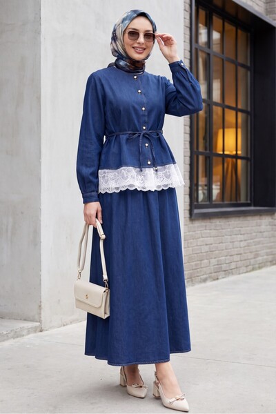 Modamorfo Round Neck Lace Detailed Belted Buttoned Skirted Denim Suit - Dark ...