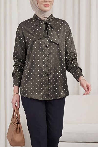 Modamorfo Collared Shirt with Scarf Detail and Buttons All over in Polka Dot ...