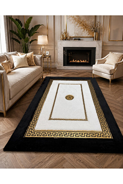 Volas Siyah Beyaz Gold Desenli Peluş Halı Kaymaz Taban Lüks Modern Salon Halısı