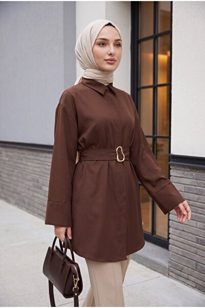 Modamorfo Poplin Tunic with Buckle Belt, Double Cuff Sleeves, and Hidden Butt...