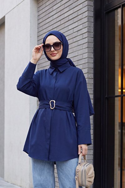 Modamorfo Poplin Tunic with Buckle Belt, Double Cuff Sleeves and Hidden Butto...
