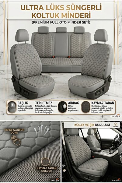 ER-AY OTO TEKSTİL SUNİ DERİ Premium Nakış Kapitoneli Oto Koltuk Minder Seti -...
