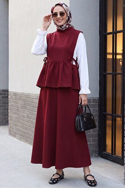 Modamorfo Shirt Detailed with Side Laces and Ruffled Skirt Dabıl Set - Burgundy