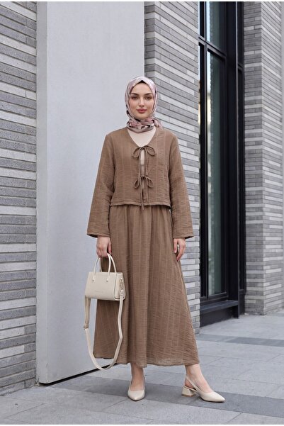 Modamorfo Lace-Up Front Skirt Lined Wrinkled Kimono Set - Light Brown