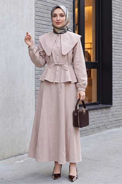 Modamorfo Sailor Collar, Elastic Waist, Buttoned Skirt, Cupra Suit - Stone Color