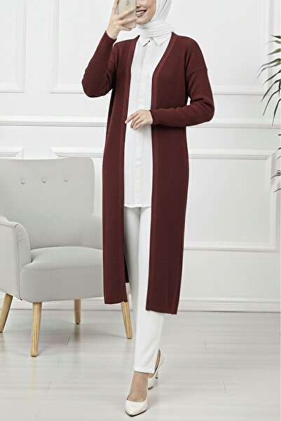 Modamorfo Ribbed Long Knit Cardigan with Side Slits - Burgundy