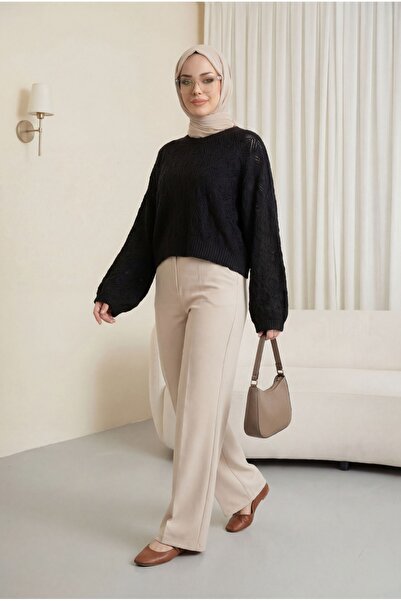 Modamorfo Round Neck Bat Sleeve Openwork Knitwear Sweater - Black