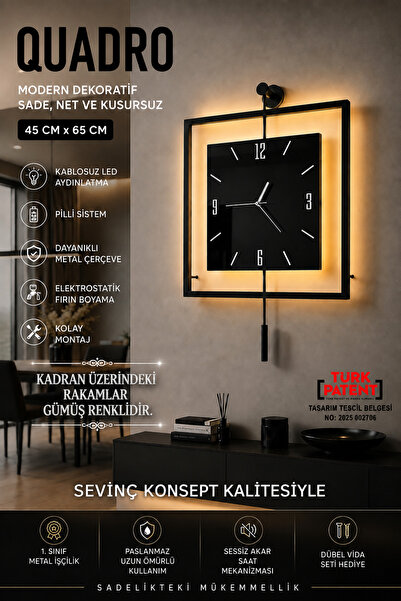 SEVİNÇ KONSEPT Ledli Siyah Quadro KARE Nero (Orta Boy 45 x 65), Modern Dekora...