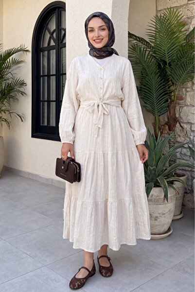 Modamorfo Lace-Up Bat Sleeve Buttoned Blouse Skirt Linen Look Suit -Beige