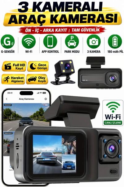 SONREİR SNR-38 Wi-Fi 3 Kameralı Araç içi Güvenlik Kamerası IR Gece Görüşü G-S...