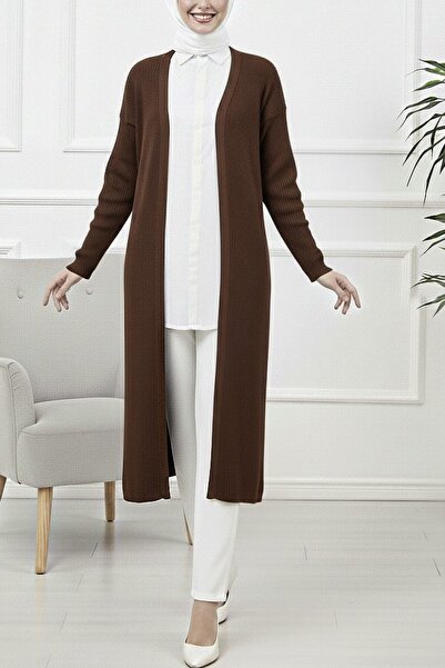 Modamorfo Ribbed Long Knitwear Cardigan with Side Slits - Brown