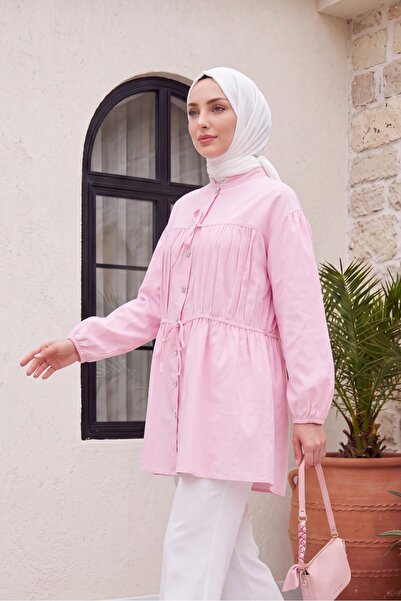 Modamorfo Stone Buttoned Shirt with Elasticized Sleeves and Tie Detail - Pink