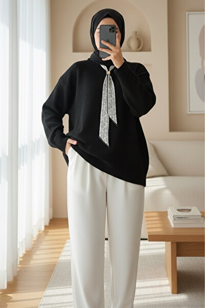 Modamorfo Soft Knit Sweater with Scarf - Black