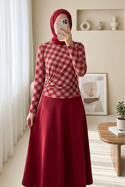 Modamorfo Plaid Patterned Blouse with Side Buckle -Burgundy