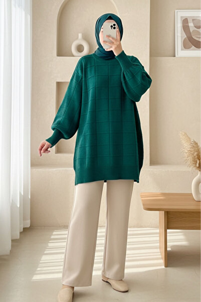 Modamorfo Square patterned Slit soft knitwear tunic - emerald