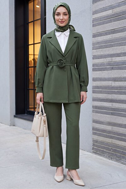 Modamorfo Double Breasted Lapel Jacket Pants Set with Belt Rose Detail - Khaki