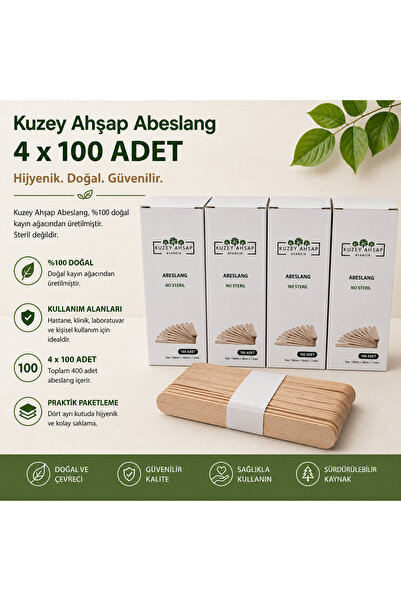 KUZEY AHŞAP DOĞAL KAYIN AĞACI Abeslang Dil Çubuğu - Ağda Spatulası100 x 4 Kut...