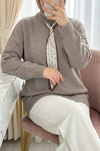 Modamorfo Round Neck Scarf Loose Knitwear Tunic - Earth Tone