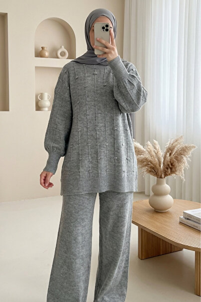 Modamorfo Soft Knitwear Sweater with Side Slits and Pompoms - Gray